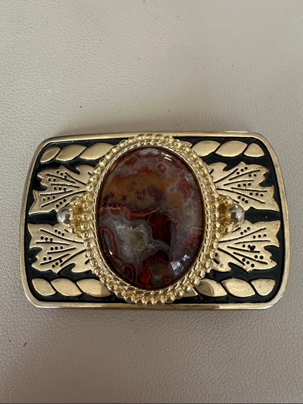 Gold-Tone Decorative Belt Buckle with Agate Center Made in USA
